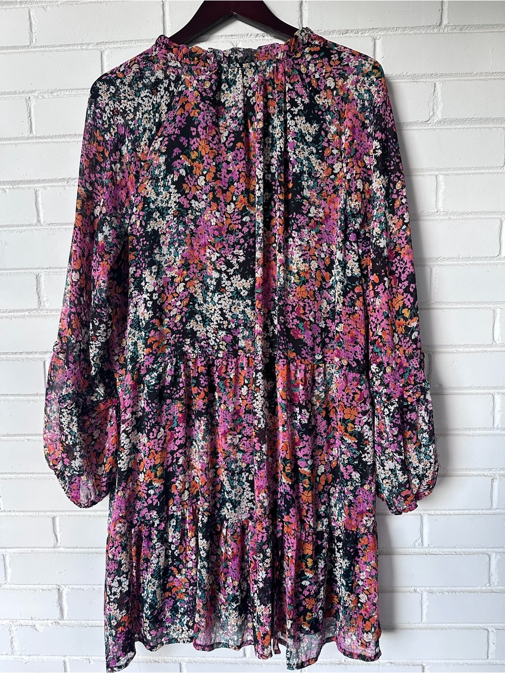 Vince Camuto Black Floral Tiered Long-Sleeve Dress with Pink and Orange Accents - Picture 6 of 6